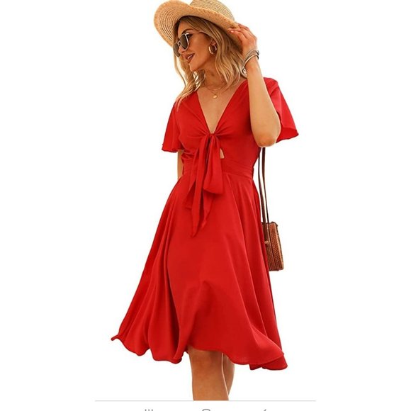 EXLURA Dresses & Skirts - Summer Dresses Tie Front V-Neck Waisted Short Ruffle Sleeve Flowy Midi Dress